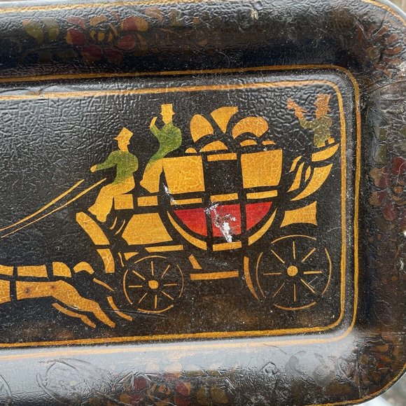 Vintage Hand Painted Toleware Rectangular Diminutive Tray Tip Snack Black Gold - Picture 6 of 16